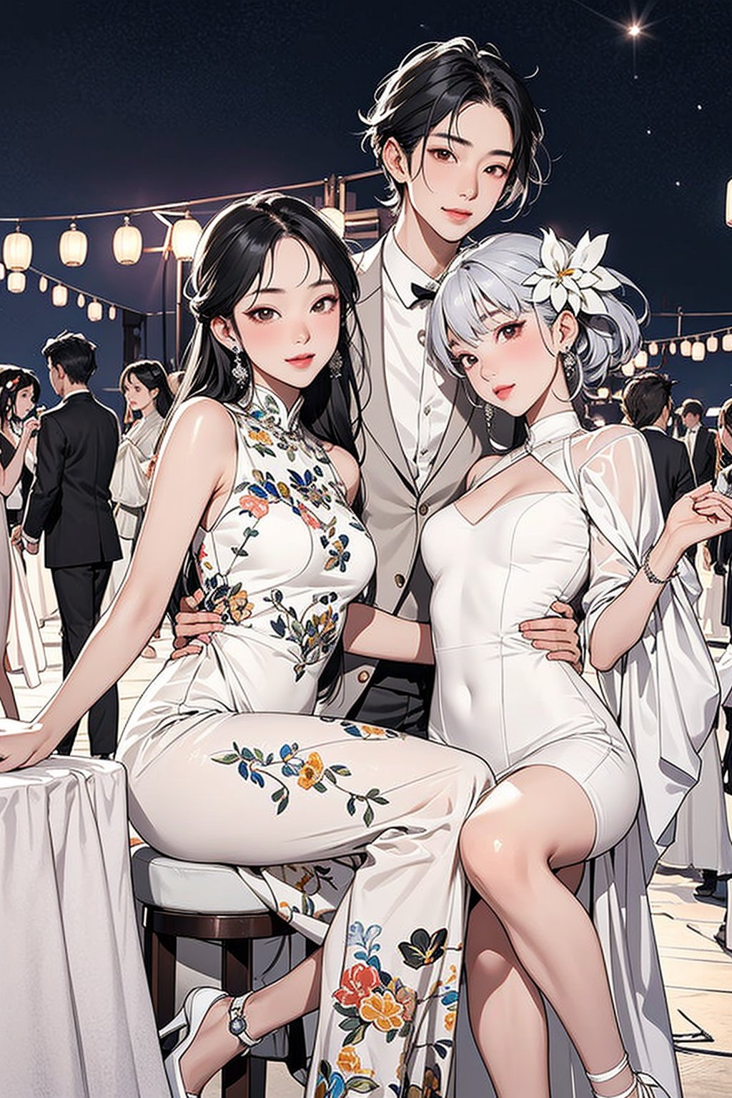 2girls, 1man, asian, elegant, gala, event, festival, chic, beautiful, friends, formal, realyuki0.3,Asian man,lolitagothi