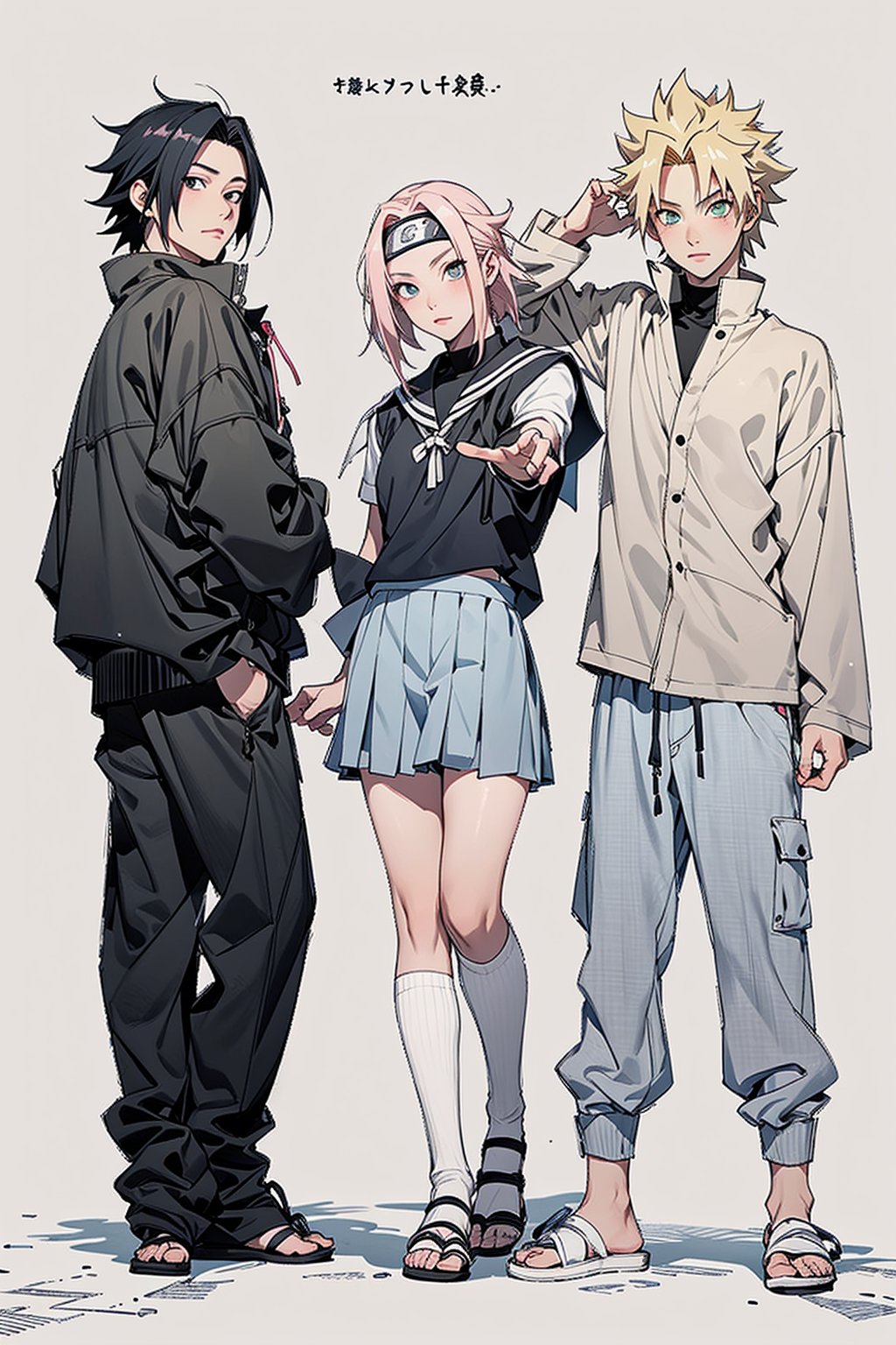 1girl, 2boys, 1girl with short pink hair and green eyes named Sakura Haruno, 1boy with black hair and black eyes named Sasuke Uchiha, 1boy with blond hair and blue eyes named Naruto Uzumaki, friends, high school, school uniform, school, classroom, team 7, harunoshipp, Sasukeanime, hairband,Sasuke Uchiha ,Naruto uzumaki 