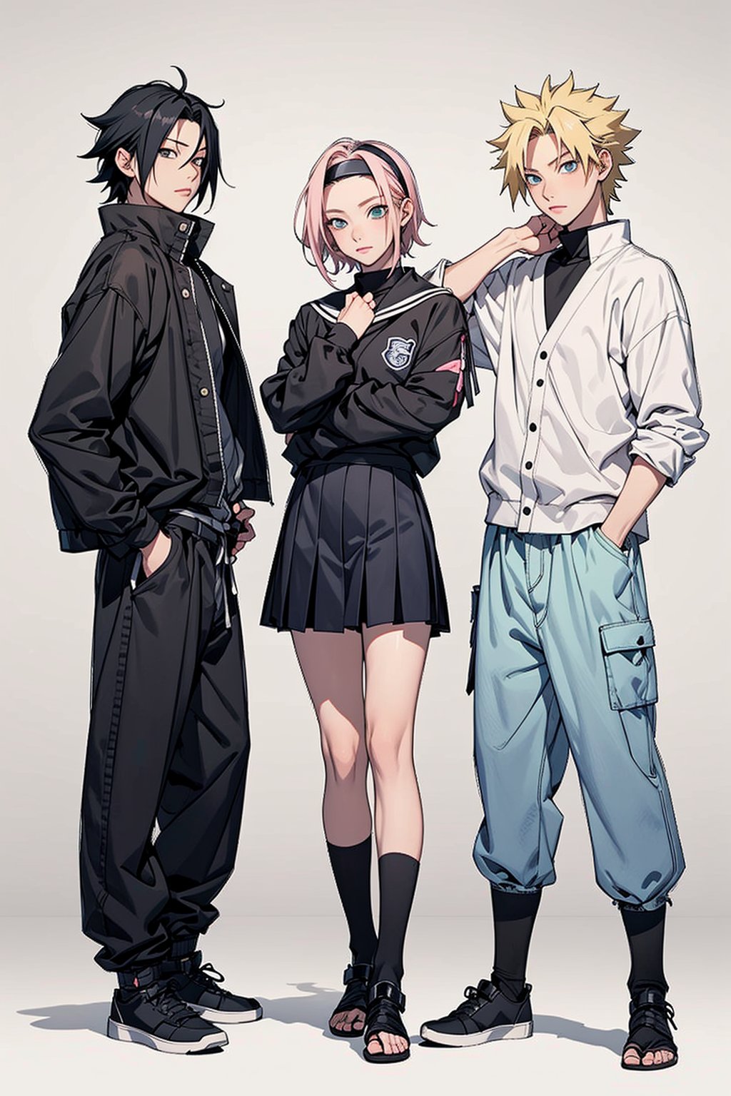 1girl, 2boys, 1girl with short pink hair and green eyes named Sakura Haruno, 1boy with black hair and black eyes named Sasuke Uchiha, 1boy with blond hair and blue eyes named Naruto Uzumaki, friends, high school, school uniform, school, classroom, team 7, harunoshipp, Sasukeanime, hairband,Sasuke Uchiha ,Naruto uzumaki 