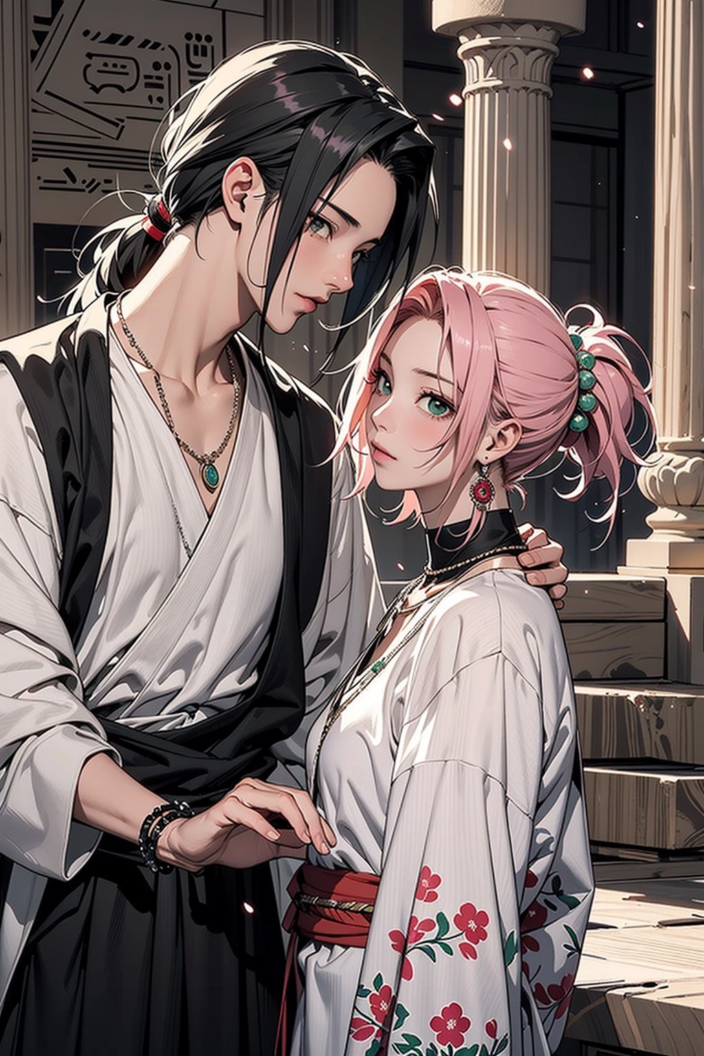 1girl with short pink hair and green eyes wearing egpyt-style dress named Sakura Haruno, 1man with long black hair in a low ponytail and black eyes named Itachi Uchiha, both having hair ornaments and jewelry, necklace, wearing egypt clothes, looking at each other, royalty, harunoshipp, ancient_egypt, ancient_egyptian, egypt, egyptian, egyptian_mythology,Itachi Uchiha 