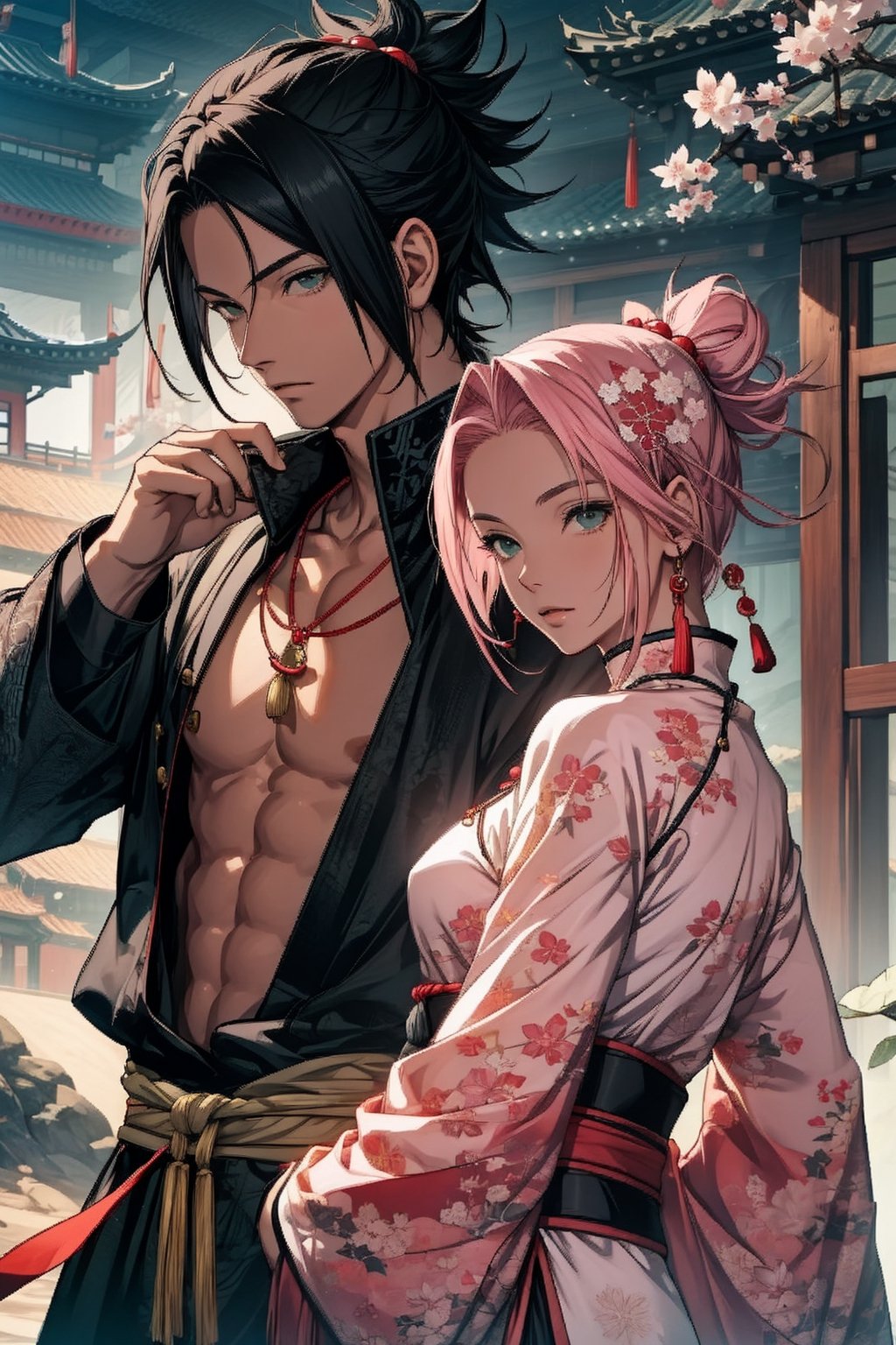 1girl with short pink hair and green eyes and small breast wearing chinese-styled dress named Sakura Haruno, 1boy with black hair and black eyes named Sasuke Uchiha, both having hair ornaments and jewelry, necklace, wearing chinese-styled clothes, looking into camera, couple, royalty, harunoshipp, Sasukeanime,Sasuke Uchiha, ancient china,ancient_beautiful