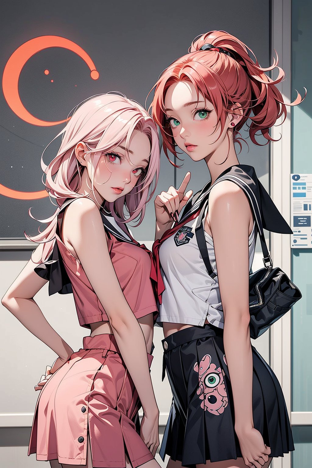 2 girls, 1girl with short pink hair and green eyes named Sakura Haruno, 1girl with long red hair and red eyes named Karin Uzumaki, school. high school, high school uniform, school_uniform, rival, fierce look, harunoshipp forehead protector, sleeveless shirt,Karin uzumaki,Karin,Karin_Uzumaki,school uniform