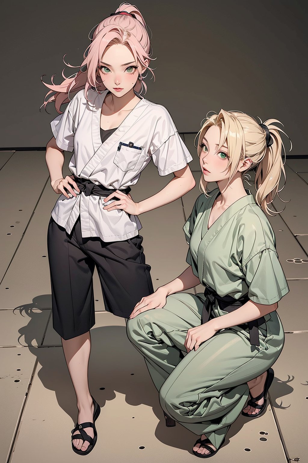 2 girls, 1girl with short pink hair and green eyes named Sakura Haruno, 1woman with long blonde hair in two low ponytail and brown eyes named Tsunade Senju, mentorship, ninja, shinobi, kunoichi, medic, training, harunoshipp