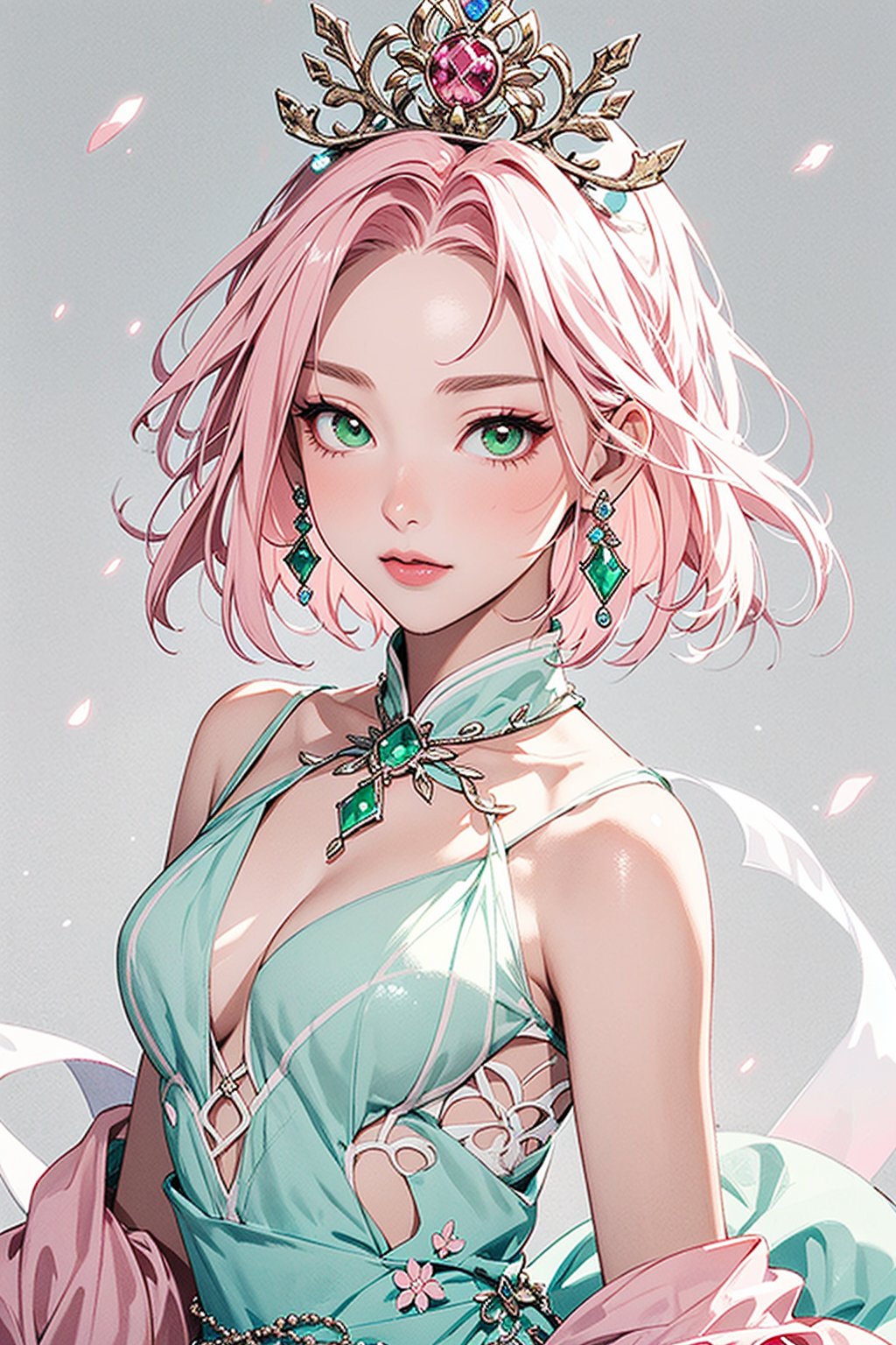 1girl with short pink hair and green eyes named Sakura Haruno, princess, jewelry, headwear, royalty, royal, colored_nails, dress, festive, traditional, harunoshipp,HUD_spr_armr,DP, long (chiffon dress)