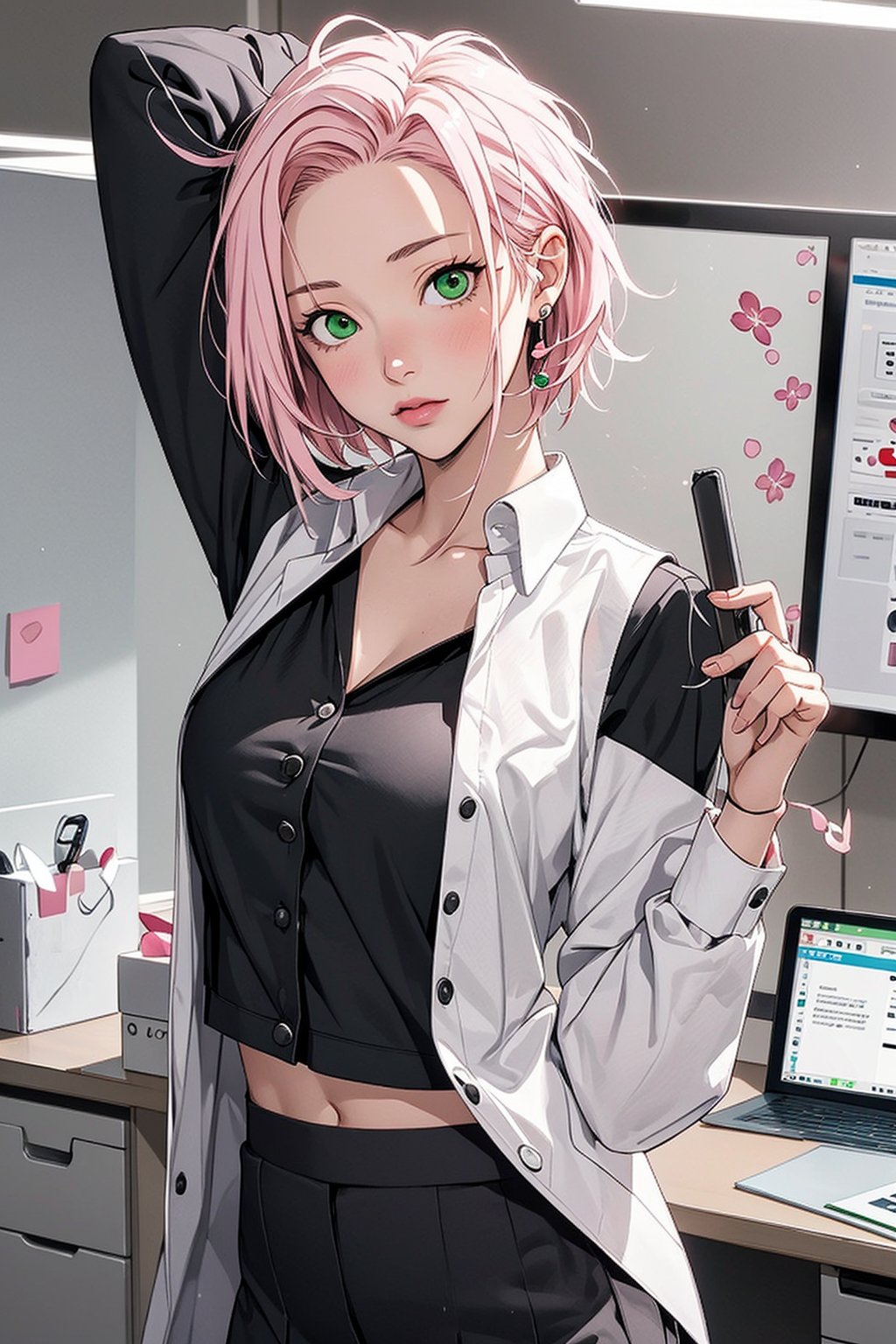 1girl with short pink hair and green eyes small breasts named Sakura Haruno in office uniform, office, office uniform, harunoshipp, haruno sakura,Sakura Haruno,Naruto,office_lady_uniform