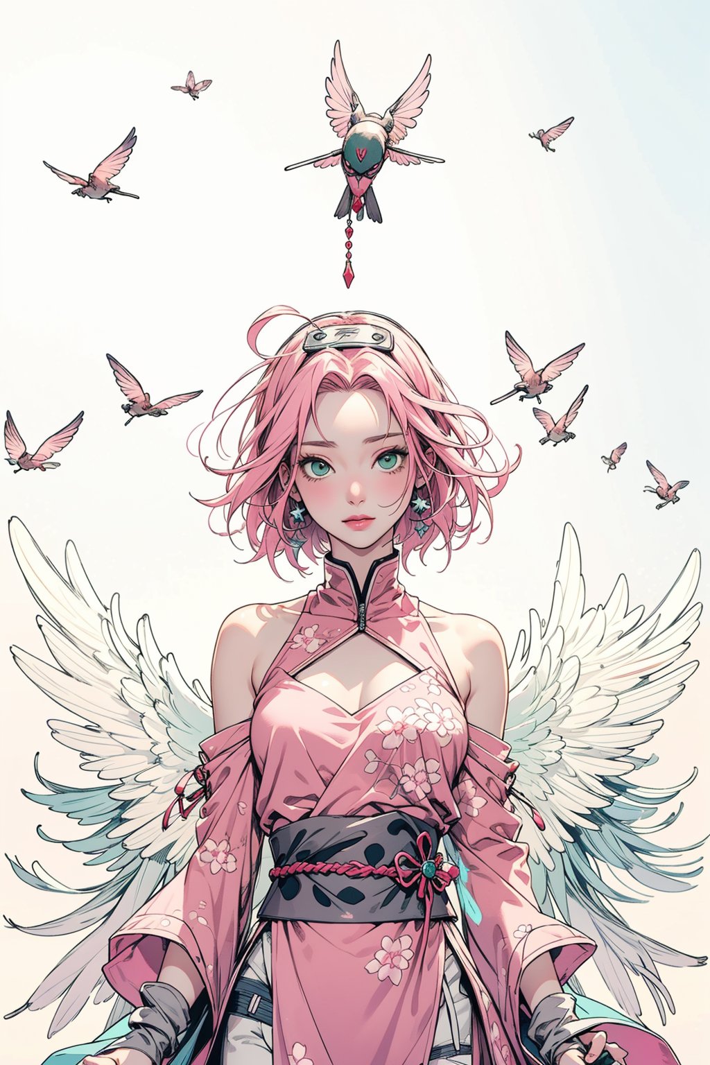 Sakura Haruno, pink hair, green eyes, angel, wings, fly, nature, dress, masterpiece, best quality