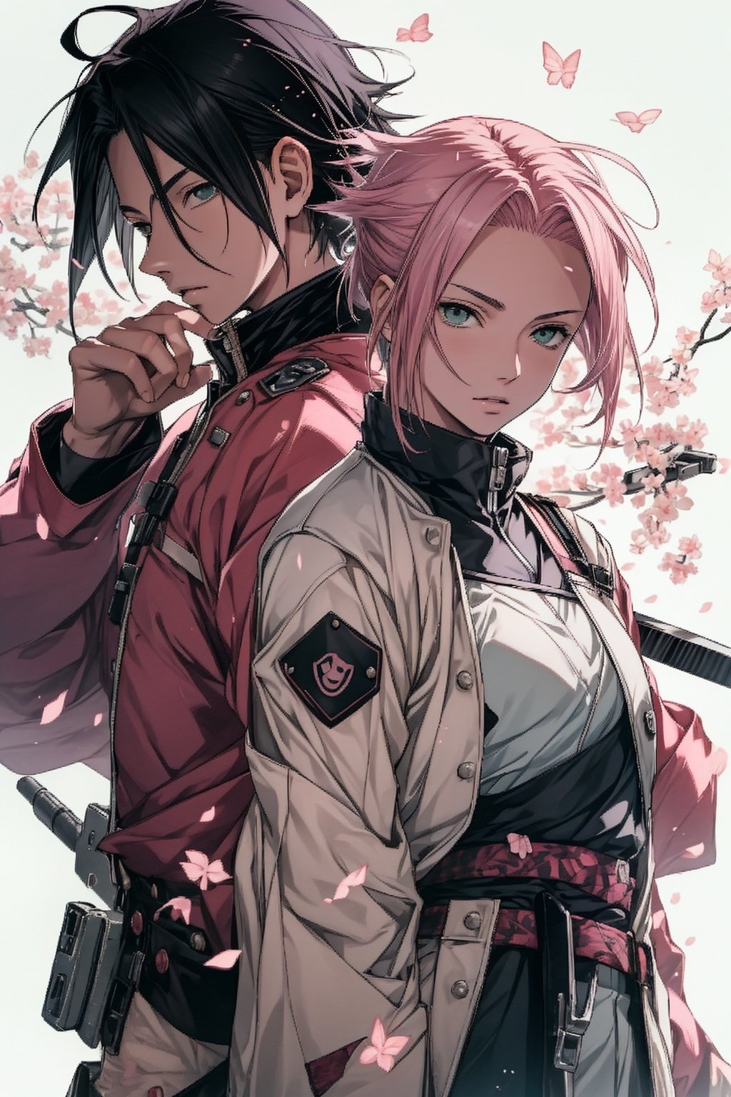 1girl with short pink hair and green eyes and small breast wearing military uniform named Sakura Haruno, 1boy with black hair and black eyes named Sasuke Uchiha, wearing military uniform, looking into camera, gun, couple, harunoshipp, Sasukeanime,Sasuke Uchiha, military_uniform, weapon, couple_(romantic),Military