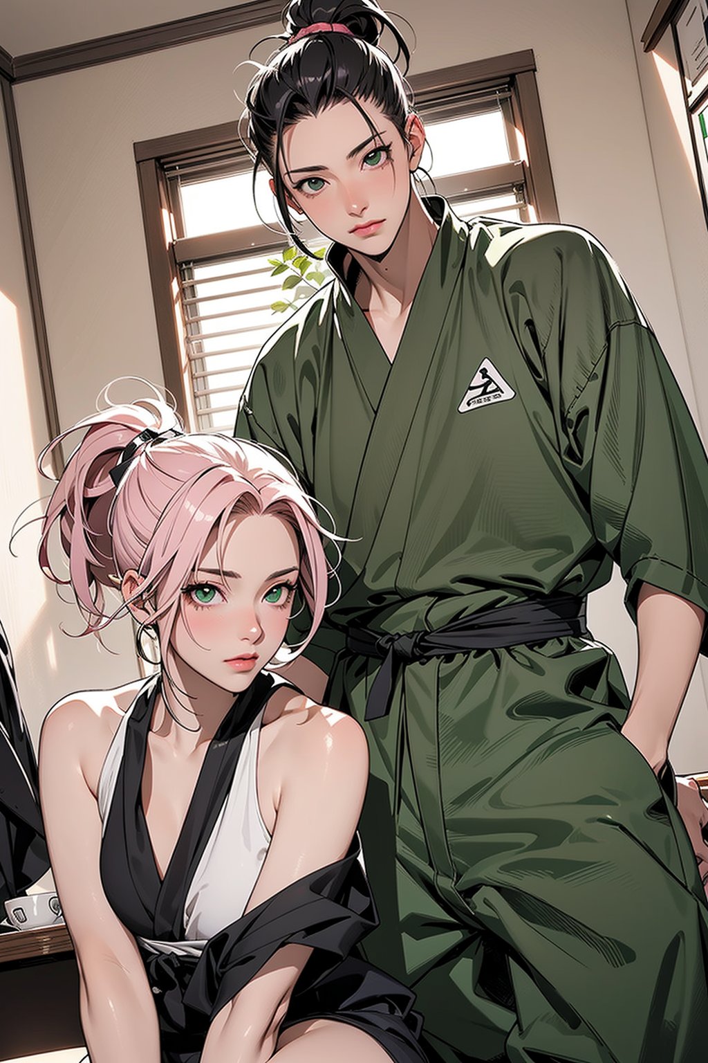 1girl with short pink hair and green eyes named Sakura Haruno, 1man with long black hair in a high ponytail and black eyes named Shikamaru Nara, ninja, shinobi, harunoshipp