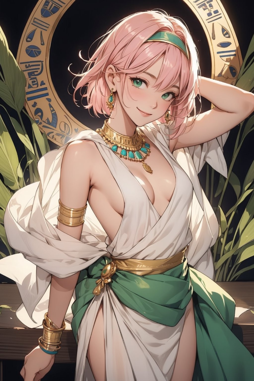 1girl, solo, small breasts, looking at viewer, smile, bangs, green eyes, pink hair, short hair, dress, cleavage, jewelry, cowboy shot, hairband, earrings, necklace, bracelet, no bra, sideboob, ring, gem, armlet, white dress, gold, yellow hairband,harunoshipp, sleeveless shirt, harunonewera, forehead mark, egypt dress, sleeveless,egyptian clothes,haruno sakura, black sash,egypt