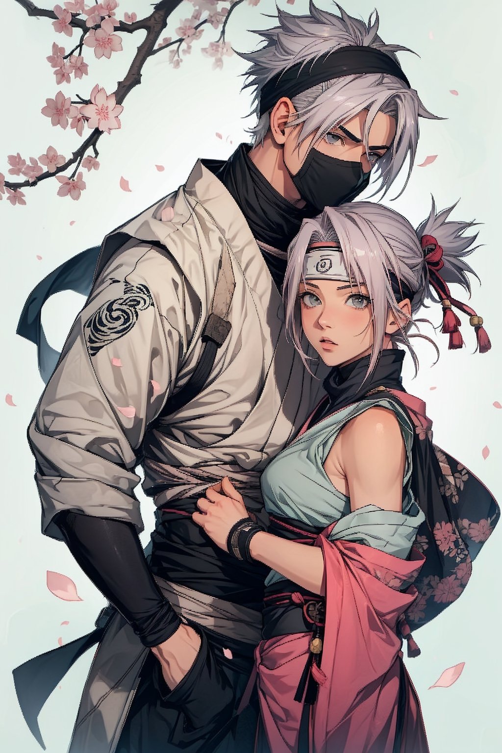 1girl with short pink hair and green eyes and small breast named Sakura Haruno, 1boy with grey hair and black eyes named Kakashi Hatake, facing each other, harunoshipp, shinobi, ninja, Japanese art,Kakashi Hatake, hairband