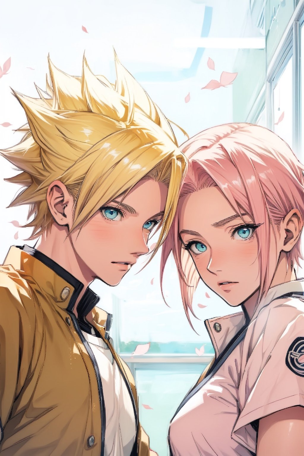 1girl with short pink hair and green eyes small breasts named Sakura Haruno wearing school uniform, 1boy with short blond hair and blue eyes named Naruto Uzumaki wearing school uniform, fun, school_uniform, class_room, harunoshipp, haruno sakura,Naruto uzumaki, CNHS,school uniform