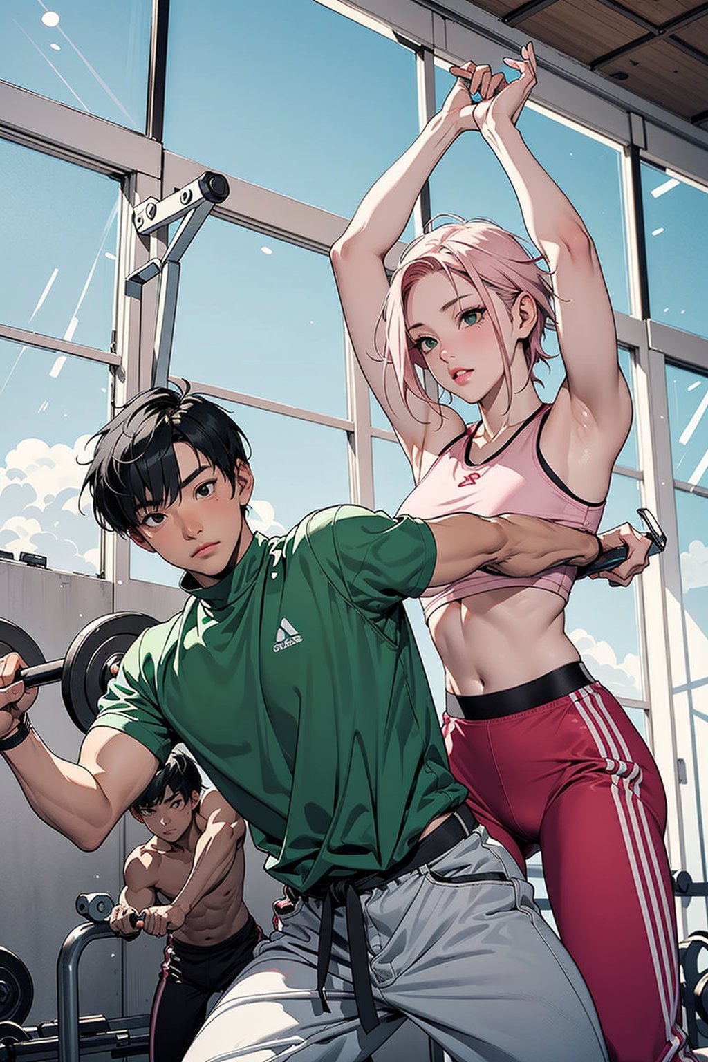 1girl with short pink hair and green eyes named Sakura Haruno, 1man with short black hair in a bowl cut and black eyes named Rock Lee, gym, fitness, fit, training, martial arts, fight, harunoshipp,Fit girl