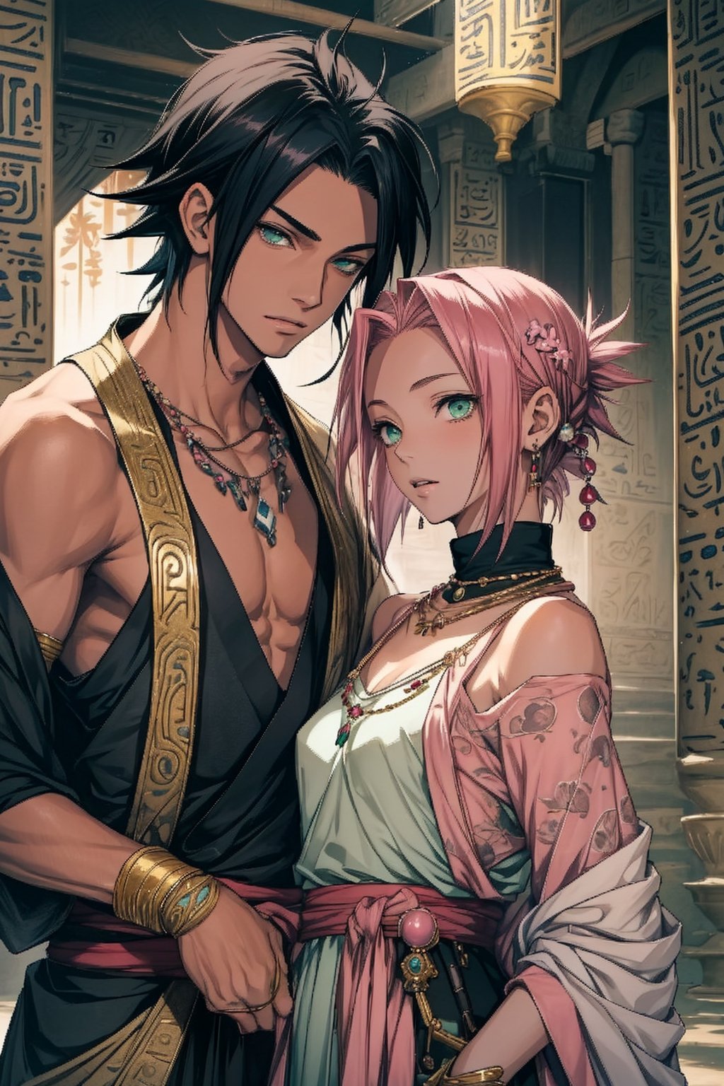 1girl with short pink hair and green eyes and small breasts wearing egpyt-style dress named Sakura Haruno, 1boy with black hair and dark eyes named Sasuke Uchiha, both having hair ornaments and jewelry, necklace, wearing egypt clothes, looking at each other, royalty, harunoshipp, Sasukeanime