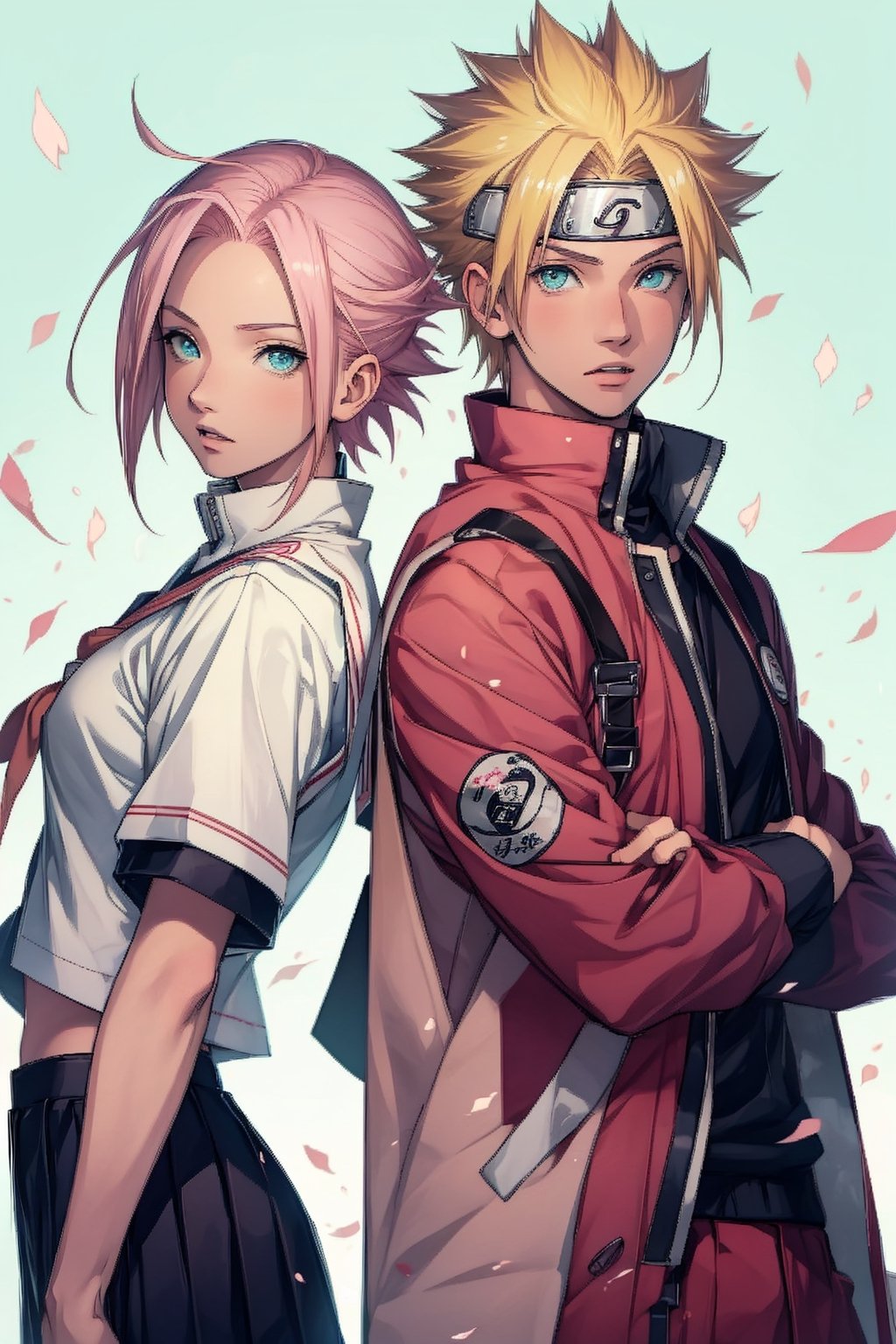 1girl with short pink hair and green eyes small breasts named Sakura Haruno wearing school uniform, 1boy with short blond hair and blue eyes named Naruto Uzumaki wearing school uniform, fun, school_uniform, class_room, harunoshipp, haruno sakura,Naruto uzumaki, CNHS,school uniform