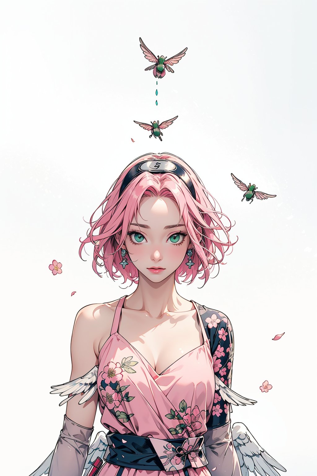 Sakura Haruno, pink hair, green eyes, angel, wings, fly, nature, dress, masterpiece, best quality