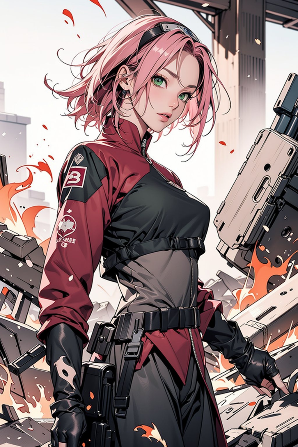 Sakura Haruno, pink hair, green eyes, military, military outfit, war, fire, gun, firearm, weapon, masterpiece, best quality