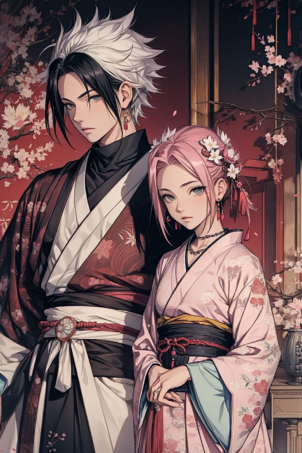 1girl with short pink hair and green eyes and small breast wearing japanese-style dress named Sakura Haruno, 1boy with black hair and black eyes named Sasuke Uchiha, both having hair ornaments and jewelry, necklace, wearing japanese-styled clothes, facing each other, couple, royalty, harunoshipp, Sasukeanime,Sasuke Uchiha, ancient japanese,ancient_beautiful, Japanese art