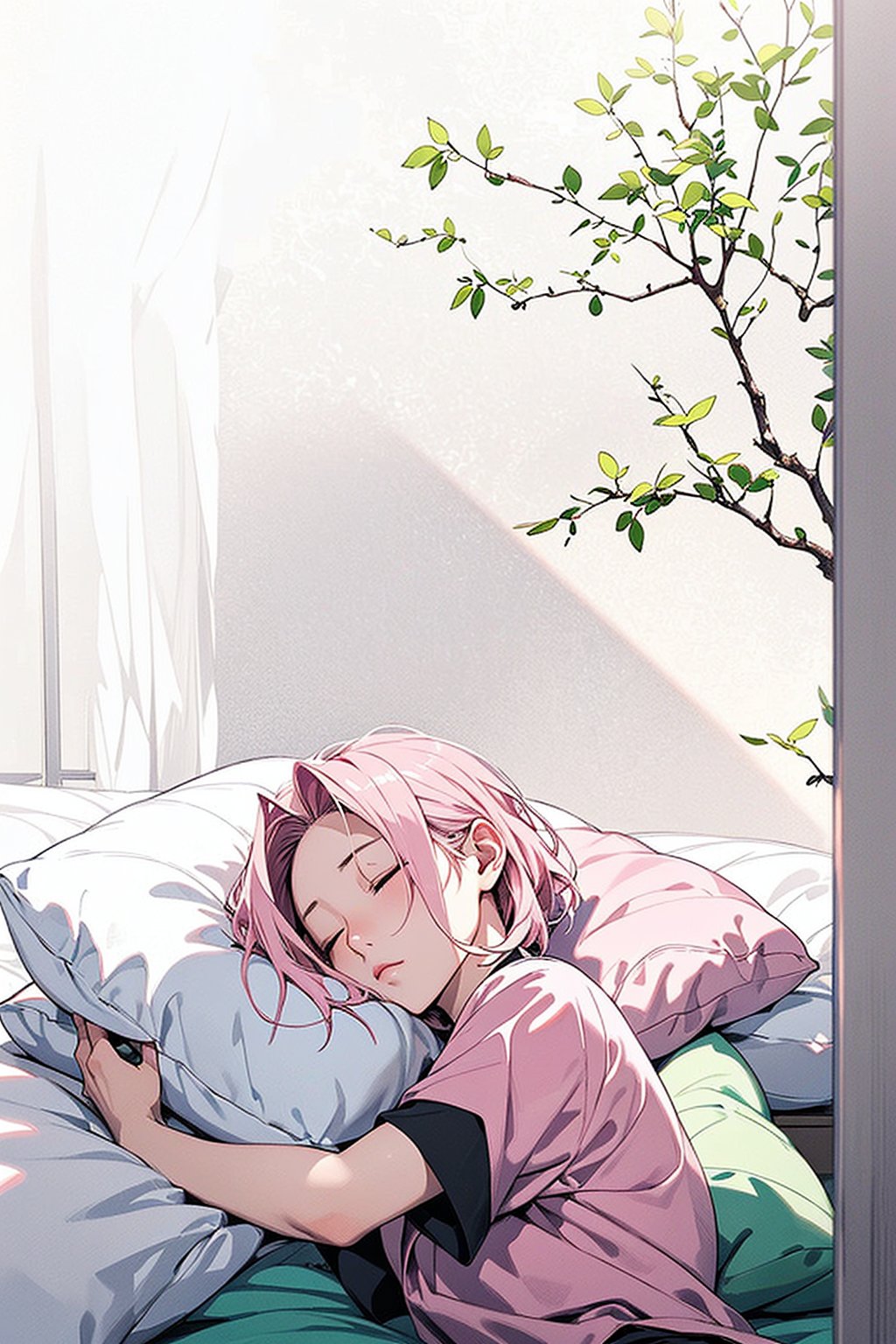 1girl with short pink hair and green eyes named Sakura Haruno, sleep, sleepy, eyes_closed, napping, pillow, bedsheet, bedroom, harunoshipp,pure sleep