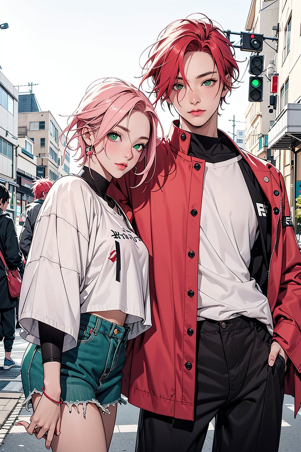 1girl with short pink hair and green eyes named Sakura Haruno, 1man with red hair and green eyes named Gaara, street fashion, fashion, street, couple, harunoshipp,Fashionista ,edgYSL