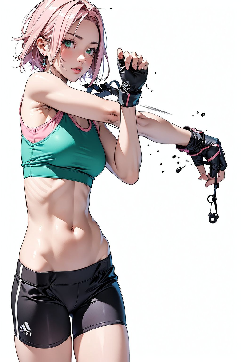 1girl with short pink hair and green eyes named Sakura Haruno, fitness, fit, gym, harunoshipp,fitballv2,Fit girl