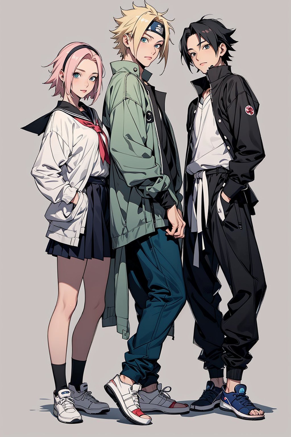 1girl, 2boys, 1girl with short pink hair and green eyes named Sakura Haruno, 1boy with black hair and black eyes named Sasuke Uchiha, 1boy with blond hair and blue eyes named Naruto Uzumaki, friends, high school, school uniform, school, classroom, team 7, harunoshipp, Sasukeanime, hairband,Sasuke Uchiha ,Naruto uzumaki 