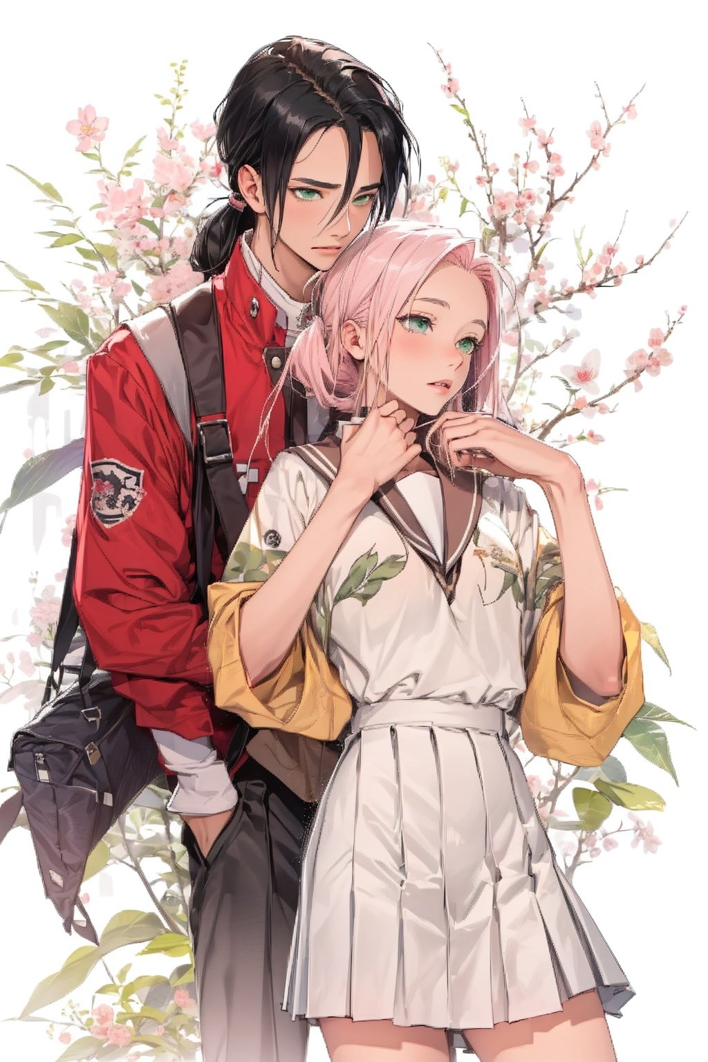 1girl with short pink hair and green eyes named Sakura Haruno in high school uniform, 1man with long black hair in a low ponytail and black eyes named Itachi Uchiha, backhug, high school student, school, school_uniform, harunoshipp,Itachi Uchiha,haruno sakura,school uniform,magic_high_school_uniform,jp_school_uniform,komi_sch
