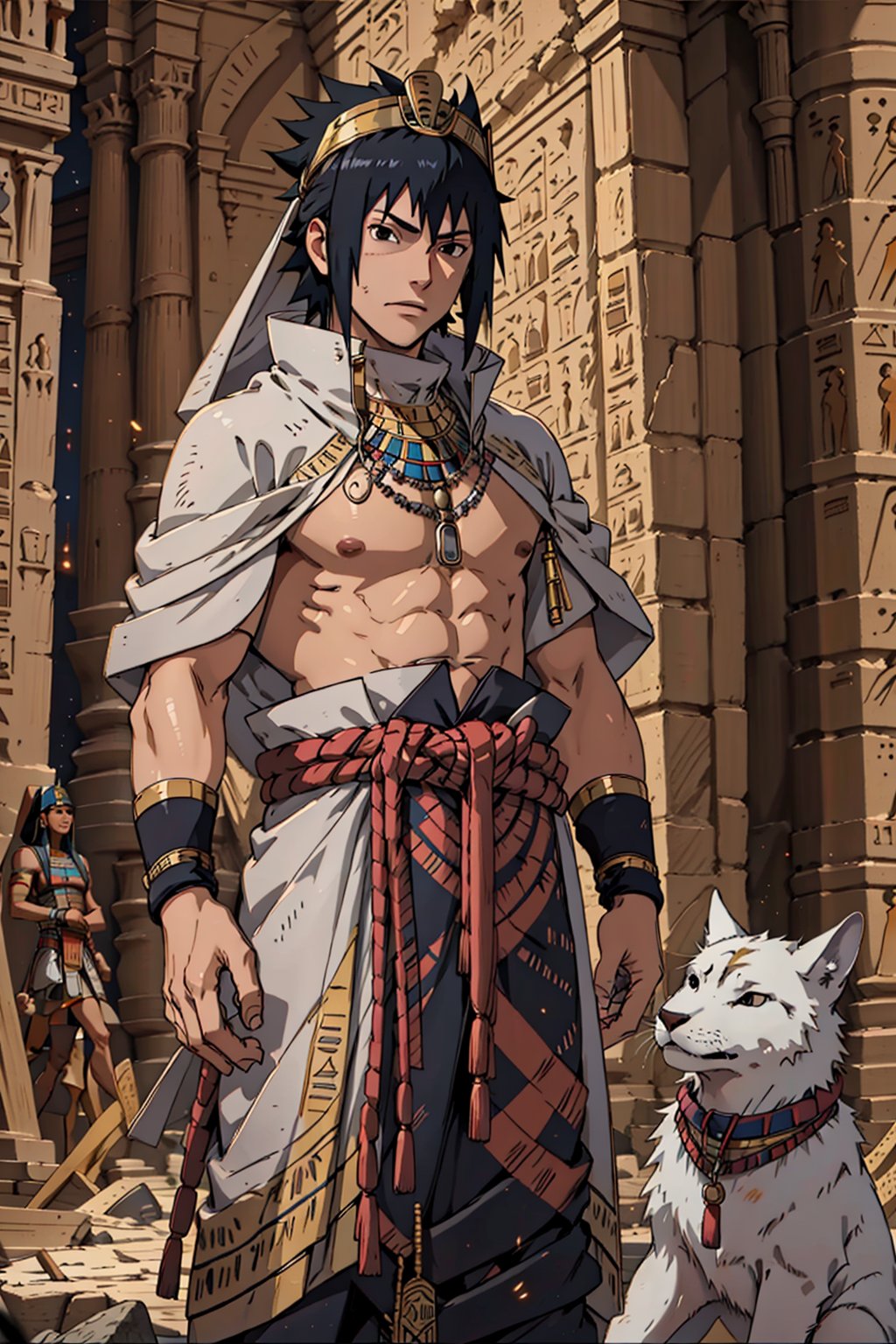 Sasuke Uchiha, black hair, black eyes, egypt, egyptian, egypt clothes, ancient egypt, royalty, accessories, gold, male, masterpiece, best quality