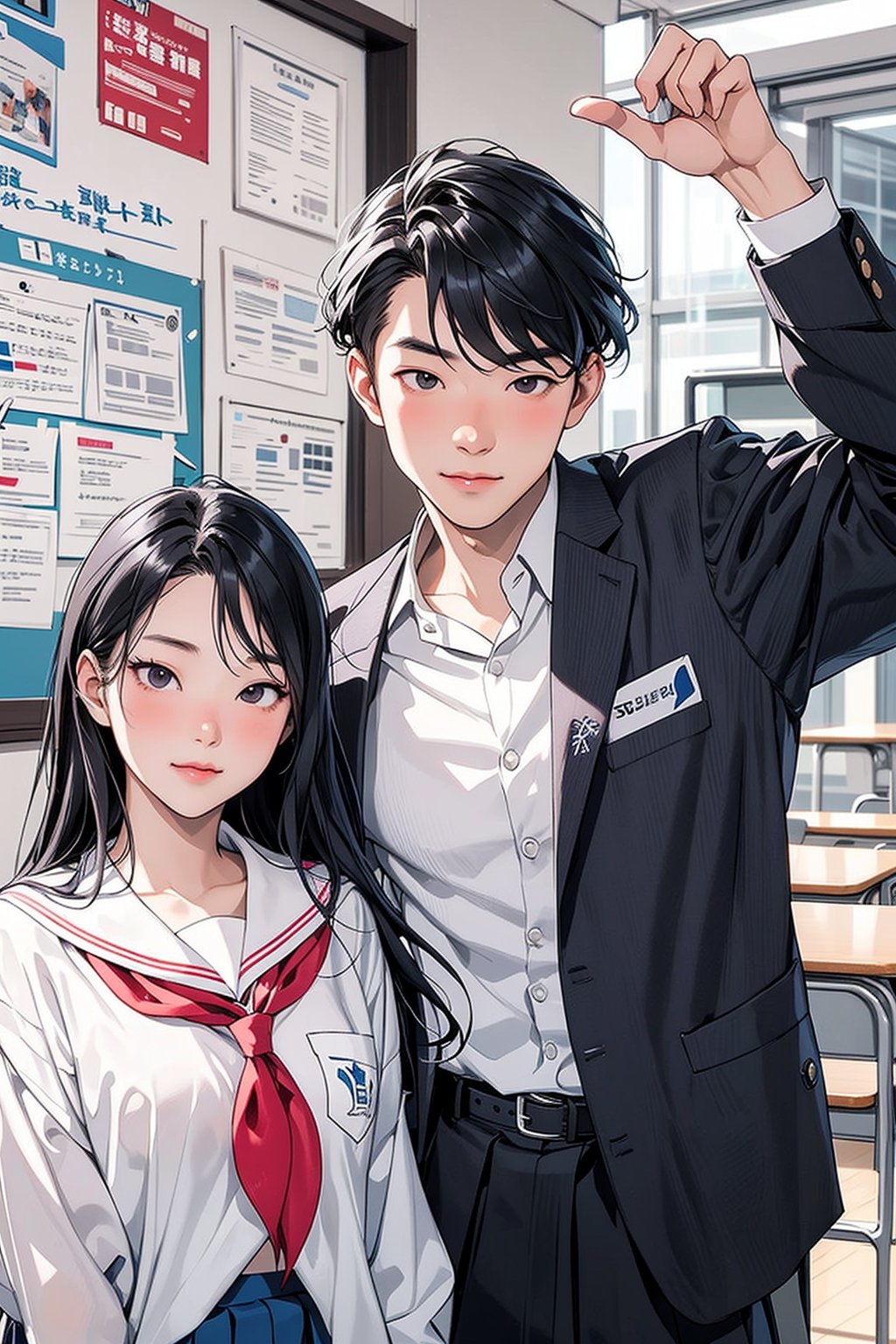 1man, 1girl, asian, couple, high school, school uniform, school, students,  realyuki0.3,Asian man,jp_school_uniform,komi_sch