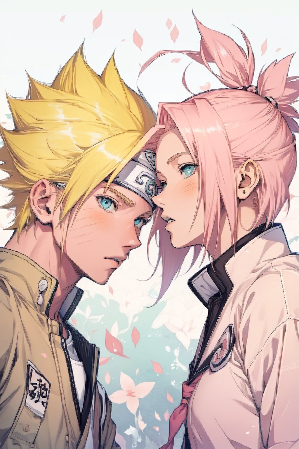 1girl with short pink hair and green eyes small breasts named Sakura Haruno wearing school uniform, 1boy with short blond hair and blue eyes named Naruto Uzumaki wearing school uniform, fun, school_uniform, class_room, harunoshipp, haruno sakura,Naruto uzumaki, CNHS