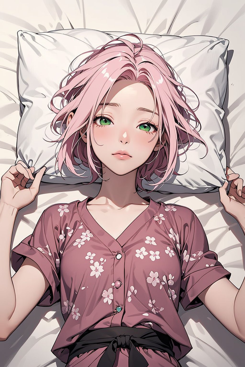 1girl with short pink hair and green eyes named Sakura Haruno, sleep, sleepy, sleepy eyes, napping, pillow, bedsheet, bedroom, harunoshipp,pure sleep