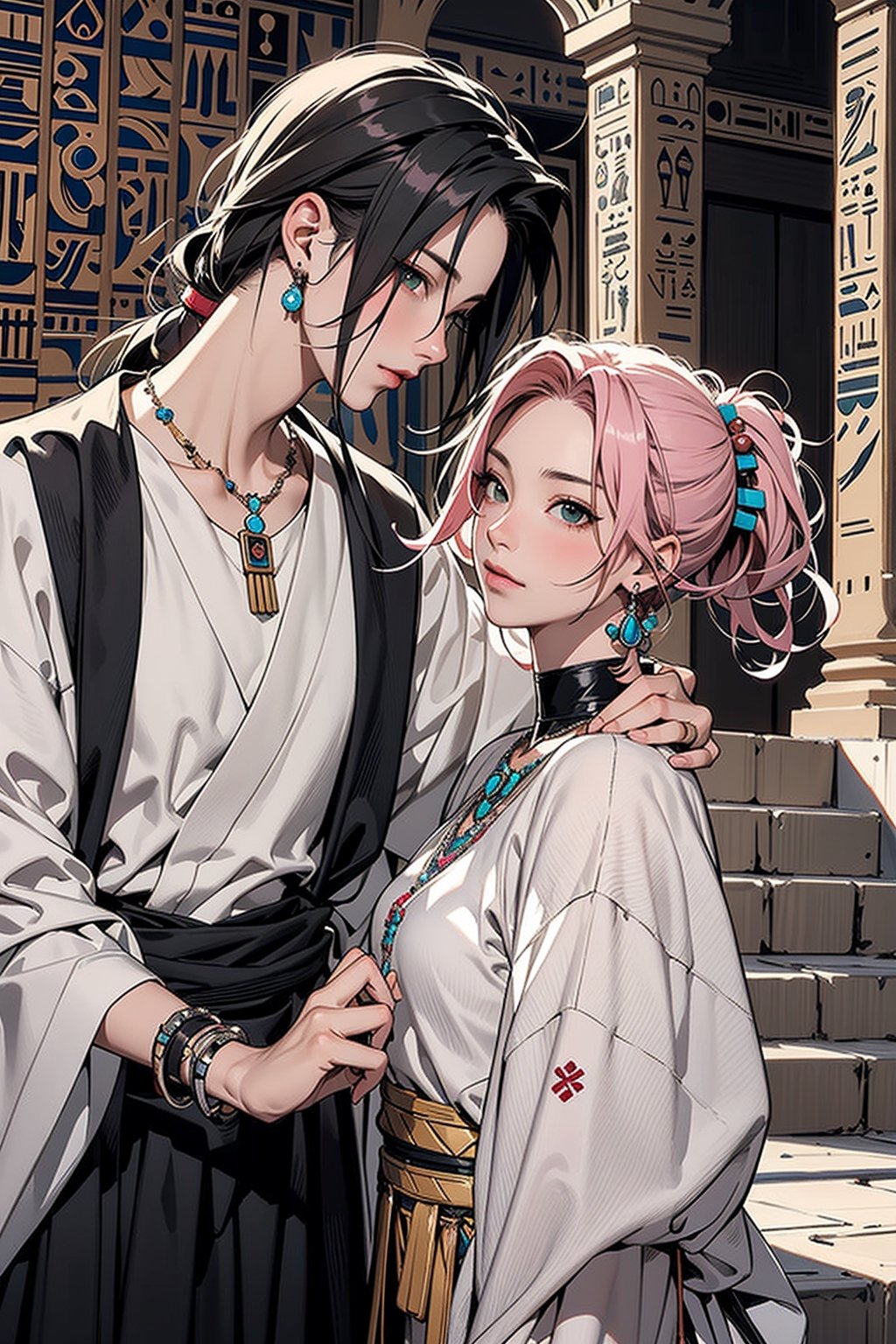 1girl with short pink hair and green eyes wearing egpyt-style dress named Sakura Haruno, 1man with long black hair in a low ponytail and black eyes named Itachi Uchiha, both having hair ornaments and jewelry, necklace, wearing egypt clothes, looking at each other, royalty, harunoshipp, ancient_egypt, ancient_egyptian, egypt, egyptian, egyptian_mythology,Itachi Uchiha 