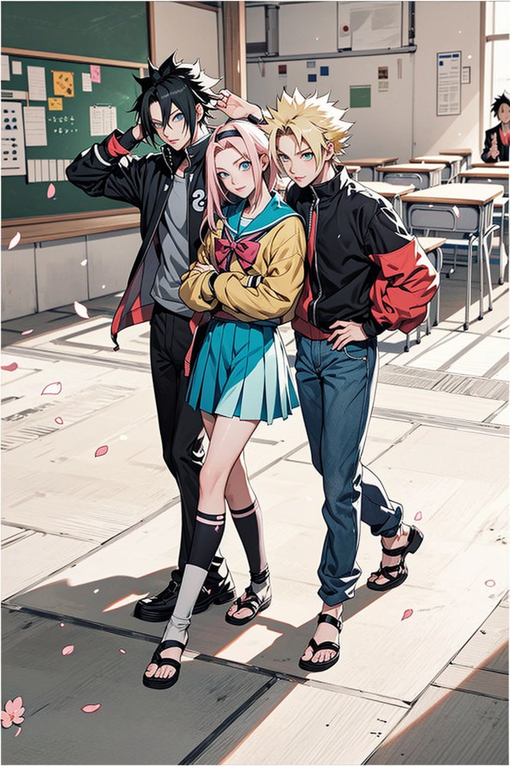 1girl, 2boys, 1girl with short pink hair and green eyes named Sakura Haruno, 1boy with black hair and black eyes named Sasuke Uchiha, 1boy with blond hair and blue eyes named Naruto Uzumaki, friends, high school, school uniform, school, classroom, team 7, harunoshipp, Sasukeanime, hairband,Sasuke Uchiha ,Naruto uzumaki 