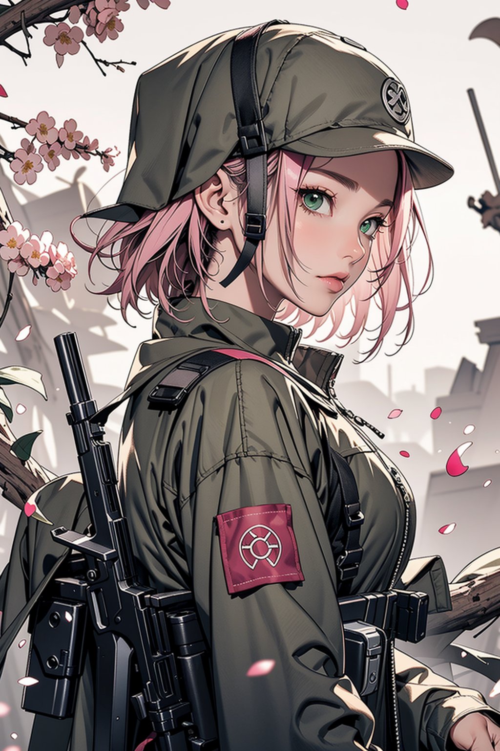 Sakura Haruno, pink hair, green eyes, military, military outfit, war, fire, gun, firearm, weapon, masterpiece, best quality