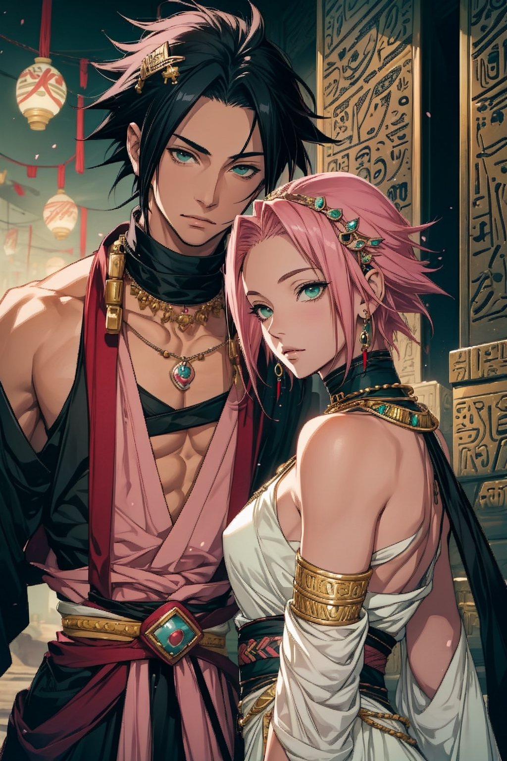 1girl with short pink hair and green eyes wearing egpyt-style dress named Sakura Haruno, 1boy with black hair and black eyes named Sasuke Uchiha, both having hair ornaments and jewelry, necklace, wearing egypt clothes, looking at each other, royalty, harunoshipp, Sasukeanime