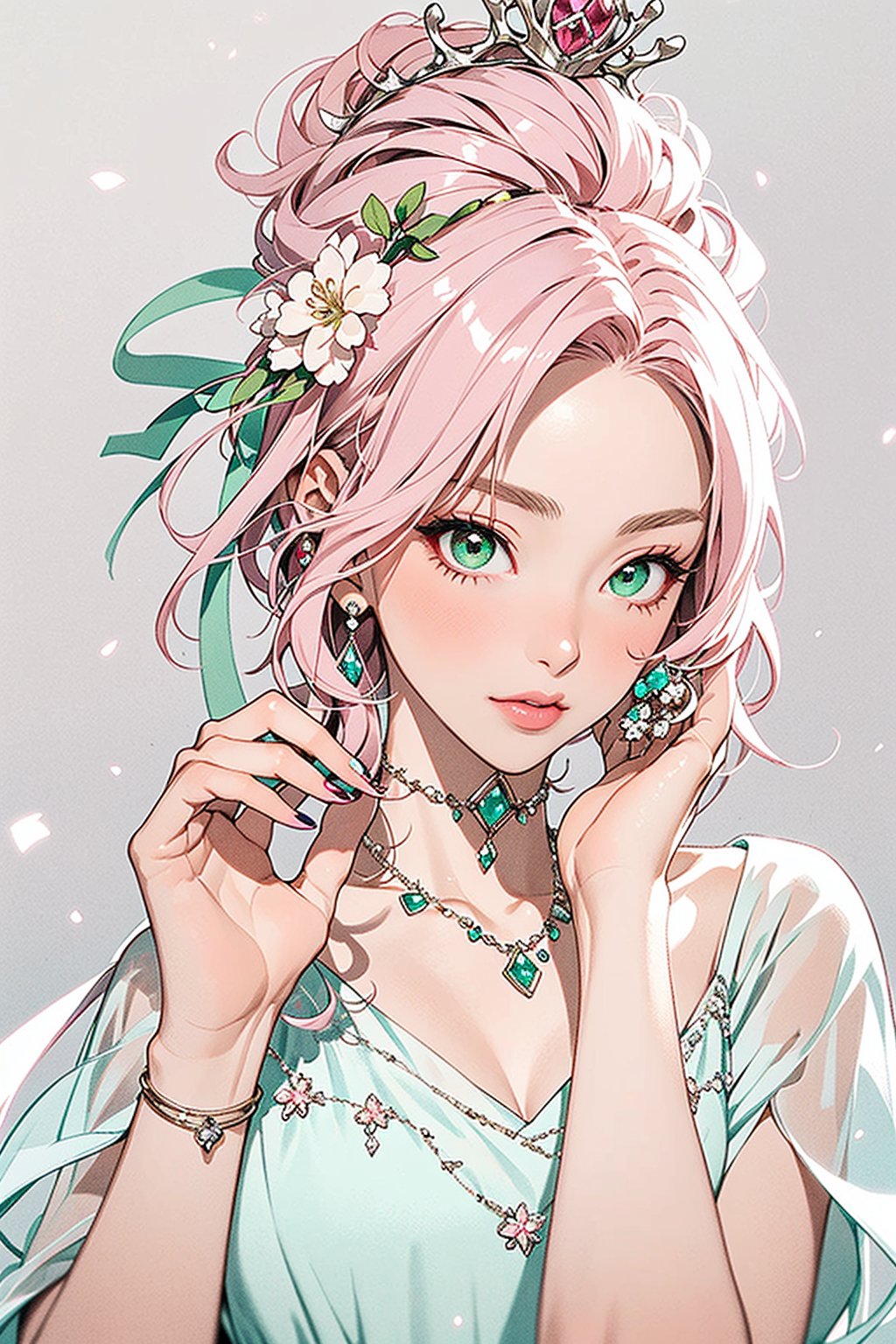 1girl with short pink hair and green eyes named Sakura Haruno, princess, jewelry, headwear, royalty, royal, colored_nails, dress, festive, traditional, harunoshipp,HUD_spr_armr,DP, long (chiffon dress)