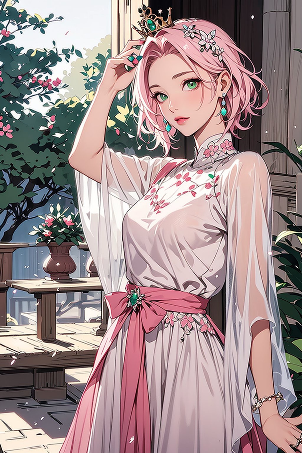 1girl with short pink hair and green eyes named Sakura Haruno, princess, jewelry, headwear, royalty, royal, colored_nails, dress, festive, traditional, harunoshipp,HUD_spr_armr,DP, long (chiffon dress)