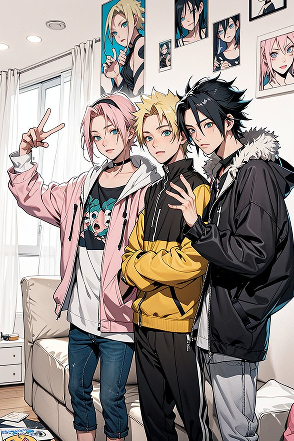 1girl, 2boys, 1girl with short pink hair and green eyes named Sakura Haruno, 1boy with black hair and black eyes named Sasuke Uchiha, 1boy with blond hair and blue eyes named Naruto Uzumaki, friends, team 7, sleepover, movie night, calm, cozy, living room, sofa, sleeping, casual, casual wear, harunoshipp, Sasukeanime, hairband,Sasuke Uchiha ,Naruto uzumaki , forehead protector