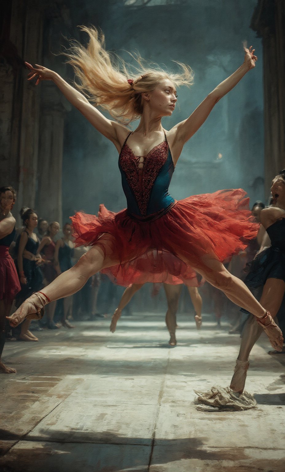 ((hyper realistic: 1.8)), masterpiece, ((sharp face, eyes, lips)), (high contrast), a blonde,  20 years, dance ballet. leap off the floor with legs split near a straight line in the air, arms open to for balance, hair flowing along with hair.  She is dressing in a tight red and blue mixed tutu. There are many other dancers on the dance floors in the background ,yoruichi_v2_flux,test_hop_v2