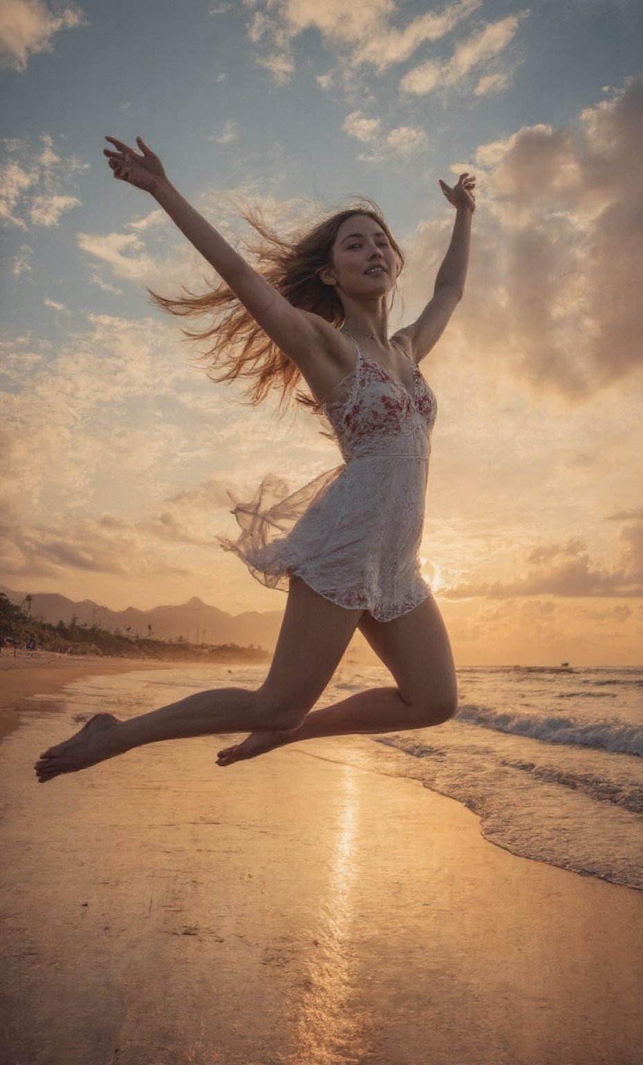 ((hyper realistic: 1.8)), masterpiece, ((sharp face, eyes, lips)), (high contrast), A woman with deep blue eyes and long, leap on the beach with legs split near a straight line in the air, arms open to embrace the breeze, flowing hair decorated with a crown of daisies. She is dressed in a simple, white and red lace dress. The background shows a colorful sky of a beach scene with gentle waves and a golden sunset,hop_test,yoruichi_v2_flux