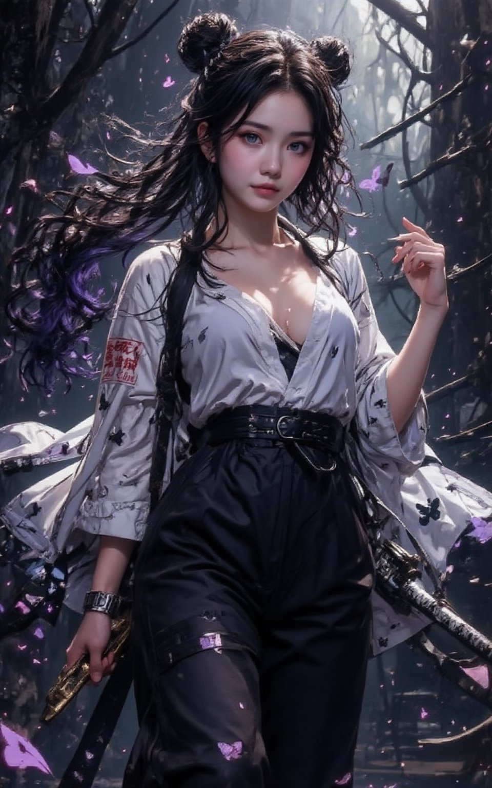 young Chinese woman, (long thick wavy hair) (((pale white skin))), perfect anatomy ((hourglass female anatomy)) (((looking-at-viewer)) (((oversize eyes:1.5)), "highres, absurdres, super detailed, The dark background contains abstract shapes, lending depth and intricacy to the piece. standing on one leg, purple hair, hair decor, the glares in the purple pupil. her wide white ((japanese kimono)) with  lots of  black and purple bufferflies. dark wide trouser, one hand grasps the ((katana)) sword and the other hand with ninja stars, carrying a short katana at her waist, (((busty:1.5))) Extreme detailed (dynamic pose), ((((sharp face, eyes, lips)))),(high contrast), ((full_body:1.9)),shinobu_flux,Xia_SL_flux