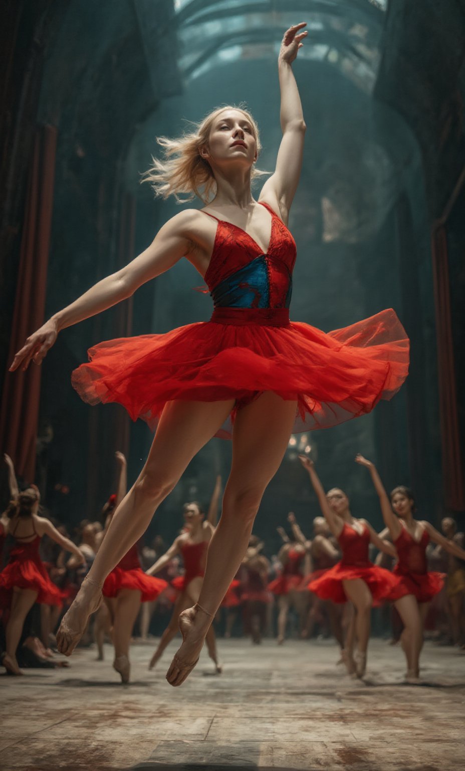 ((hyper realistic: 1.8)), masterpiece, ((sharp face, eyes, lips)), (high contrast), a blonde,  20 years, dance ballet. leap off the floor with legs split near a straight line in the air, arms open to for balance, hair flowing along with hair.  She is dressing in a tight red and blue mixed tutu. There are many other dancers on the dance floors in the background ,yoruichi_v2_flux,test_hop_v2