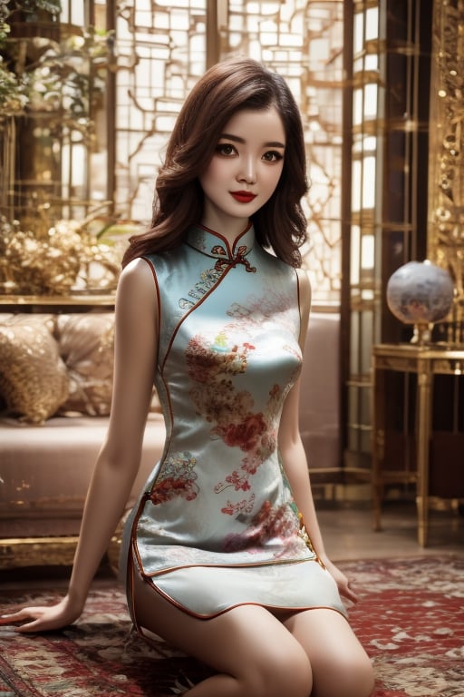 8k ultra high resolution, girl, wearing  vintage print Cheongsam Collar Goth Thigh-high Slit long Qipao, wavy hair, slim long hour-glass body shape, (RAW photo, best quality), photorealistic, sitting on her legs, over an elegant persian carpet full_body, (soft lighting), close view, DD_v1,photorealistic,realistic,nodf_lora,Mecha body,tranzp