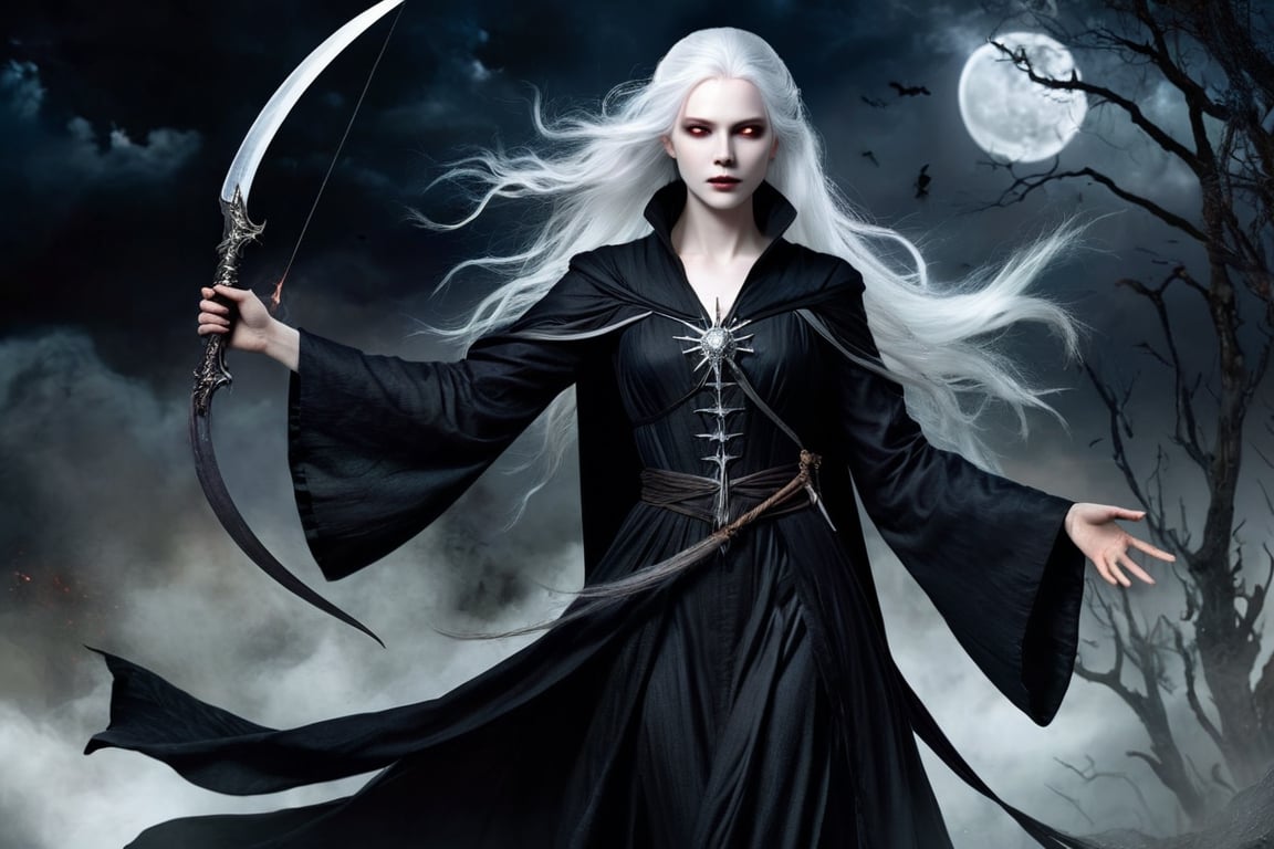 A Renaissance-style, full-body character design of A woman with ethereal beauty, beautiful but terrifying, with totally white eyes, ashy white hair, pale skin, wearing a black robe surrounded by a black aura and carrying the sickle of death, her presence gives a shiver.,more detail XL,alian_v1