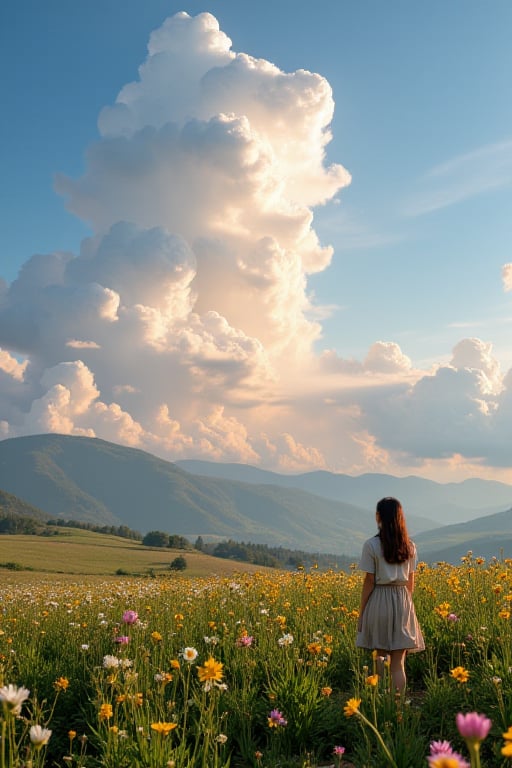 Beautiful day with layers of clouds, stormy clouds on the horizon, thousands of flowers over the fields, 4Kl, a girl standing in the middle of field, 50 feet away from viewer. VNS_Add more details,mythp0rt,1 asian girl