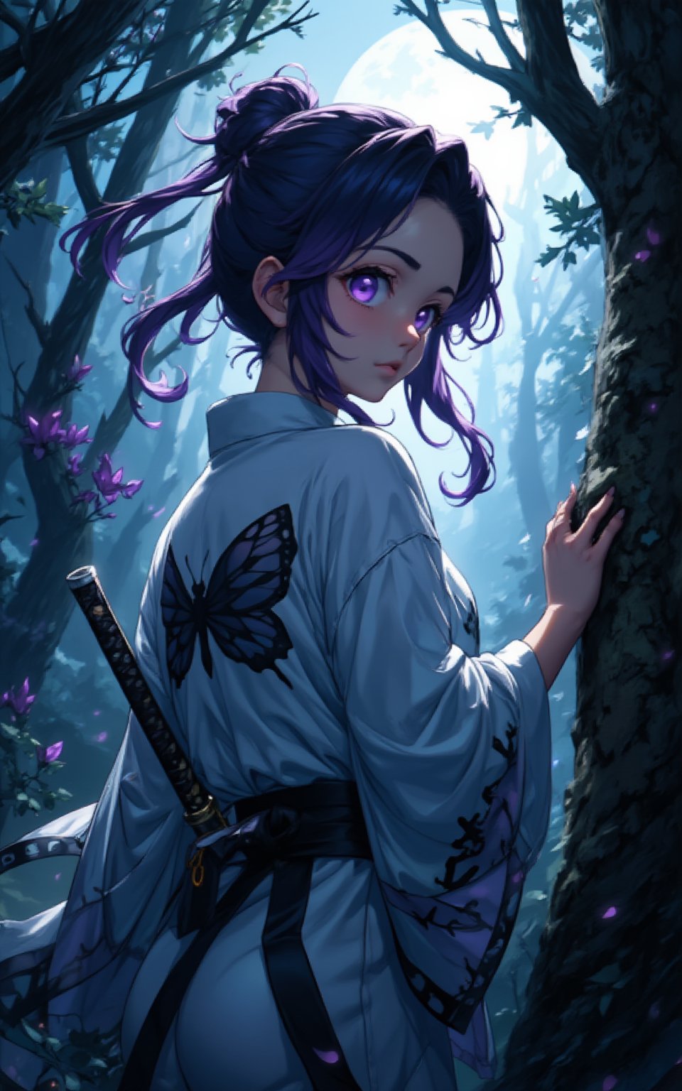 Best picture quality, high resolution, 8k, sharp focus, masterpiece, look at enemy behind viewer, purple hair, the glares in the purple pupil reflects the profile of her enemy. her wide white japanese robe embridered a wide and black bufferfly wing pattern. carrying a short katana at the side of waist belt, She hid behind a bush with one hand grasping handler of the katana and the other hand holding two ninja stars, moonlight shines through the overcast from the side into the shady and serene woods, shinobu_flux