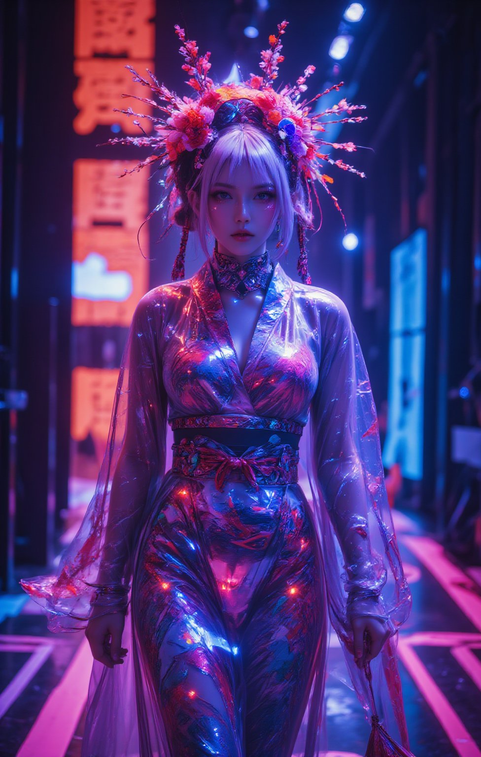 A futuristic fashion runway concept with a beautiful  woman in the center. She is wearing a traditional Japanese kimono witha futuristic twist. The kimono is made of translucent, glowing fabric and features wide, flowing sleeves, an elegantly tied obi sash, and a floor-length skirt. The garment is intricately embedded with LED patterns that showcase (((traditional Japanese motifs such as cherry blossoms, waves, cranes, and bamboo))). The dress also has an ethereal, complex asymmetric blue pattern that glows and projects across the entire outfit. She has platinum blonde hair styled with straight bangs and an intricate braided hairstyle featuring a diamond pattern and multiple small braids. She is adorned with a large, gorgeous choker, and a floral headdress featuring an abundance of flowers in various colors. In her hand, she holds a traditional Japanese fan.,glowing,bright,luminous skin,glowing brightly,warm light,radiant,soft,glowing skin and vibrant, luminous features,glowing visual effects,glowing particles,neon,yoruichi_v2_flux,glowingstyle,Midjourney_Whisper