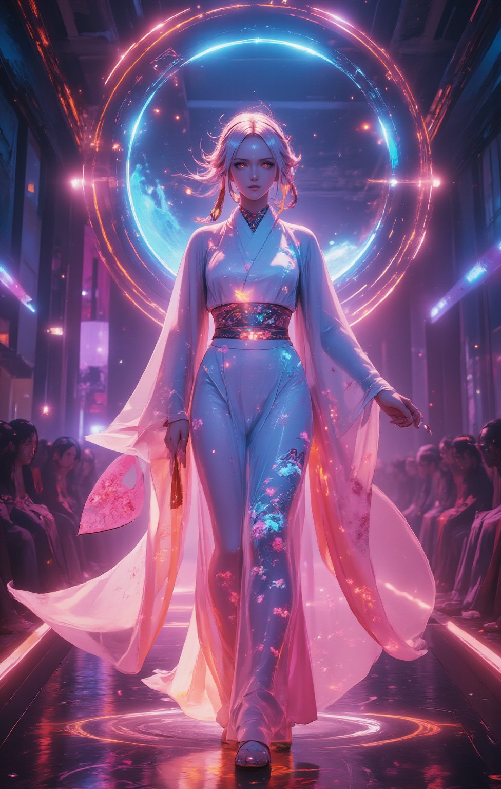 A futuristic fashion runway concept with a beautiful  woman in the center. She is wearing a traditional Japanese kimono witha futuristic twist. The kimono is made of translucent, glowing fabric and features wide, flowing sleeves, an elegantly tied obi sash, and a floor-length skirt. The garment is intricately embedded with LED patterns that showcase traditional Japanese motifs such as cherry blossoms, waves, cranes, and bamboo. The dress also has an ethereal, complex asymmetric blue pattern that glows and projects across the entire outfit. She has platinum blonde hair styled with straight bangs and an intricate braided hairstyle featuring a diamond pattern and multiple small braids. She is adorned with a large, gorgeous choker, and a floral headdress featuring an abundance of flowers in various colors. In her hand, she holds a traditional Japanese fan.,glowing,bright,luminous skin,glowing brightly,warm light,radiant,soft,glowing skin and vibrant, luminous features,glowing visual effects,glowing particles,neon,yoruichi_v2_flux,glowingstyle,Sparkle Glowing 