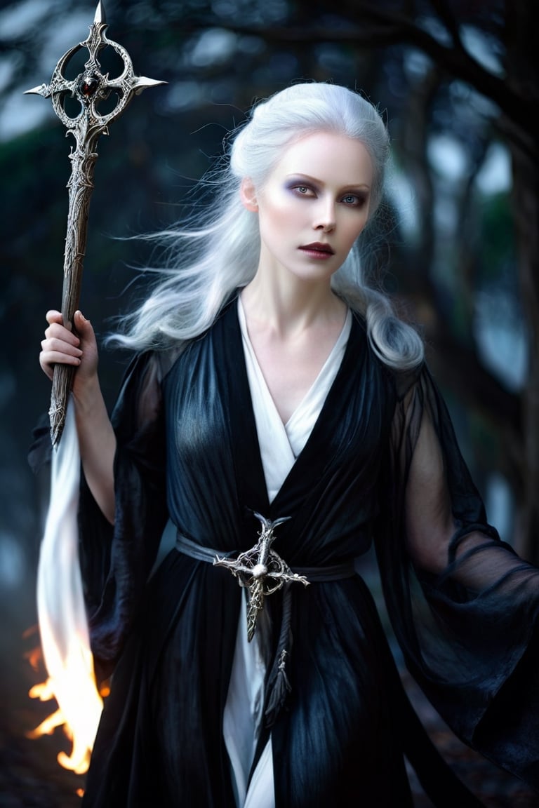 A Renaissance-style, (((full-body:1.3)))(((close up))), A woman with ethereal beauty, beautiful but terrifying, with white glowing eyes, ashy white hair, pale skin, wearing a black robe surrounded by a black aura and carrying the sickle of death, her presence gives a shiver. dark misty background, more detail XL,alian_v1, (((A Renaissance-style)))