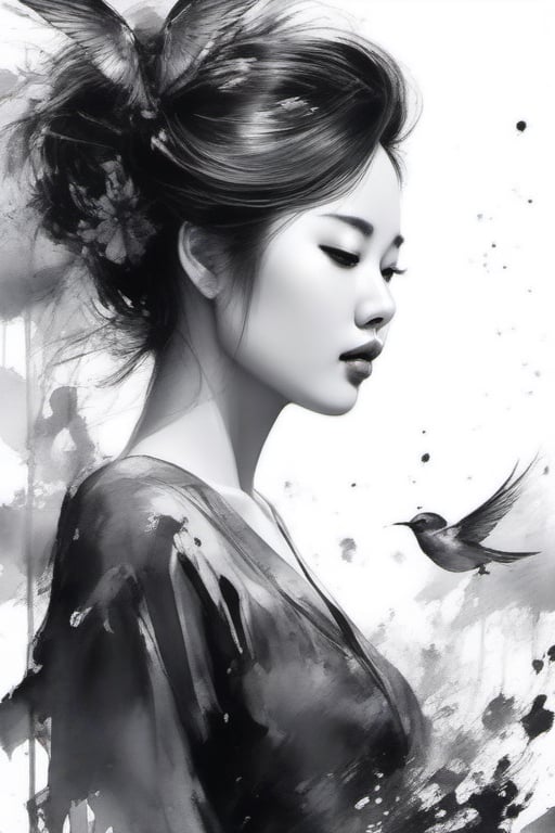 (((Iconic art illustration but extremely beautiful))), (((monochrome,grayscale,masterpiece, black ink)))(((elegant,gorgeous,voluptuous))) (((rich emotional,black ink))) (((by Kim Jung Gi style))),ink ,maya2