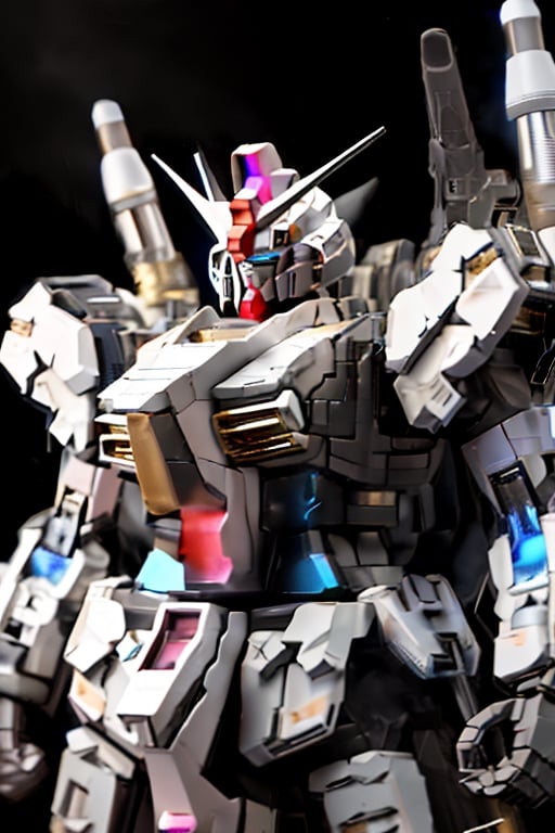 gundam mobile suit, big cannon, dark galaxy with earth in the background, solar light at the side. firing weapon, metors, gilded body armor with black trim, torso to the right,cinematic_grain_of_film,  ,BJ_Gundam